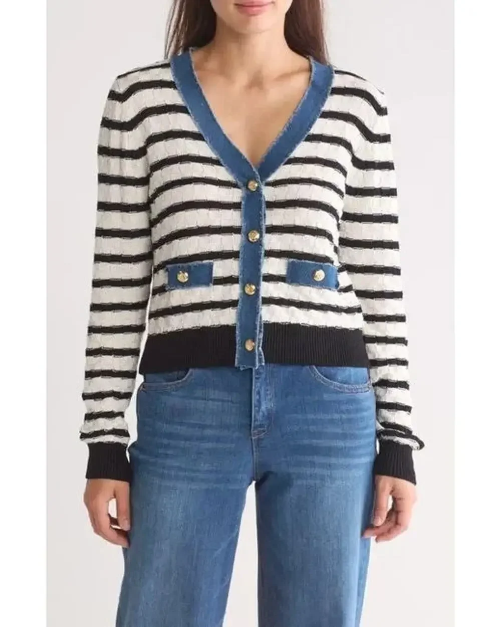 Laundry Shelli Segal Cardigan Striped Knit Gold Buttons Cropped Sweater Women S